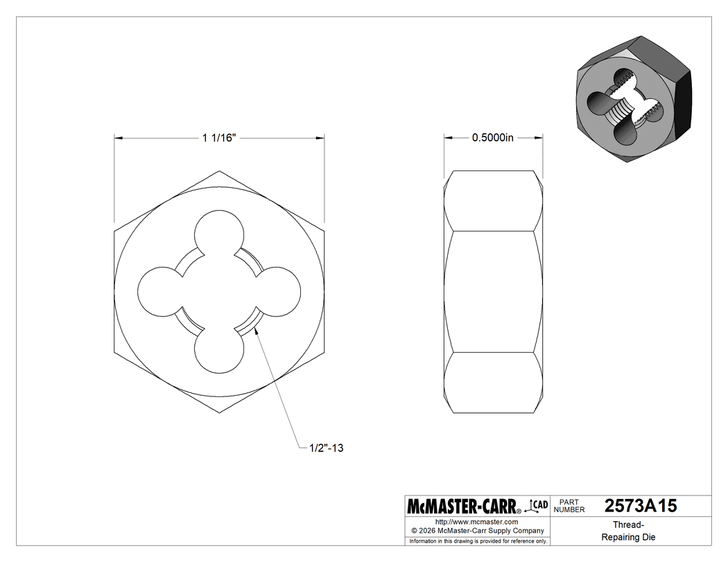 Technical Drawing of Thread-Repairing Die, 1/2"-13 UNC Right-Hand Thread.